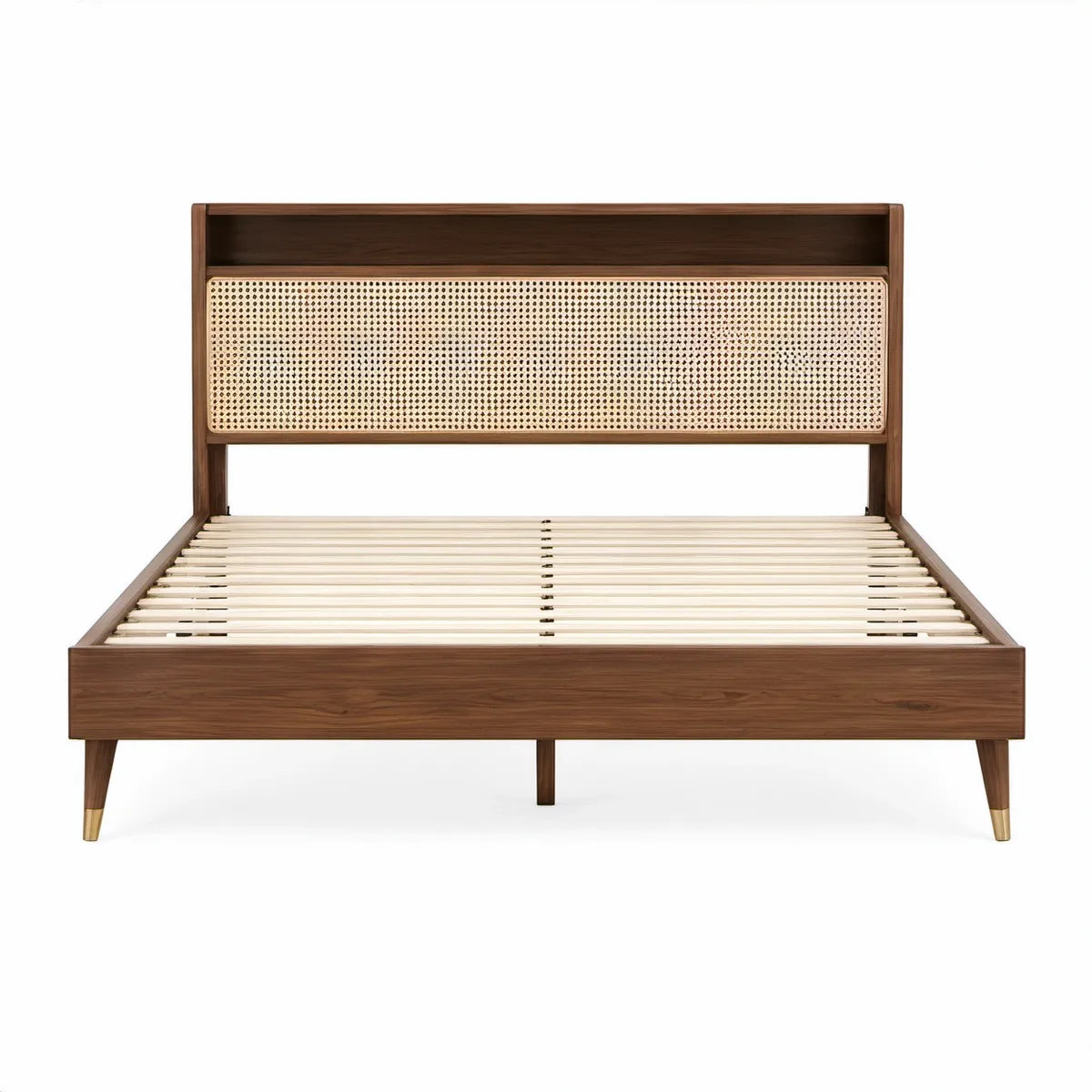 Sengeramme i massivt valnøddetræ med rattan, 160 x 200 cm, valnøddebrun/natur/messingfarvet