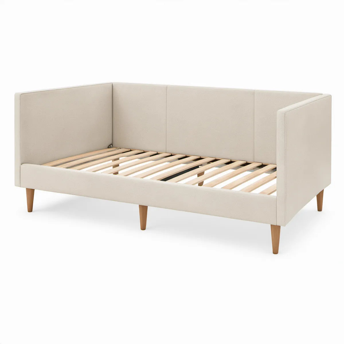 Polstret sengeramme 90 x 200 cm i beige med trælameller, 209 x 99 x 89 cm